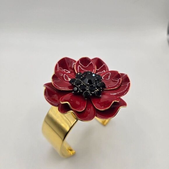 Kate Spade Precious Poppies Cuff Bracelet New Poppy flower Red Gold Tone Enamel - Picture 1 of 6